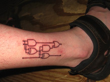 Benjamin writes, “The tattoo on my ankle is of a one-bit binary full adder.