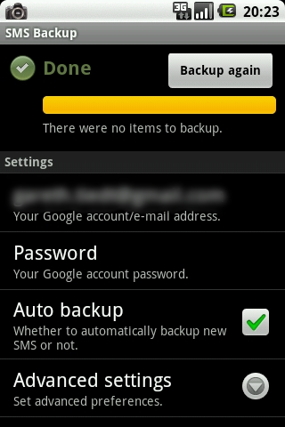 sms backup gmail problem