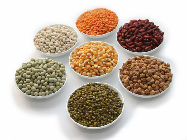 Display of food grains in white bowls