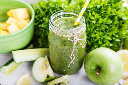Fresh Organic Green Smoothie With Salad, Apple, Cucumber, Pineapple